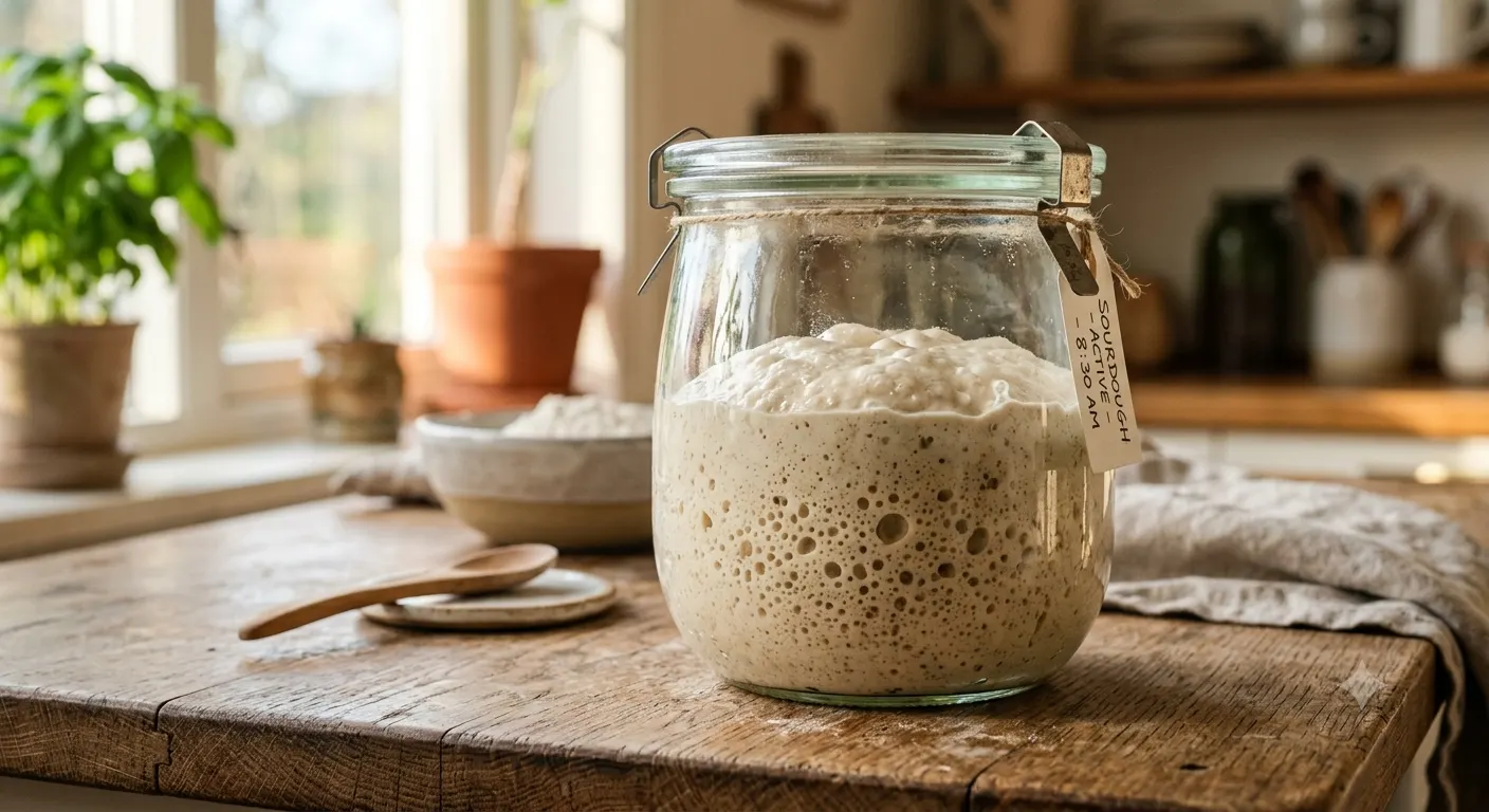 A revived starter in a glass jar, risen and full of bubbles