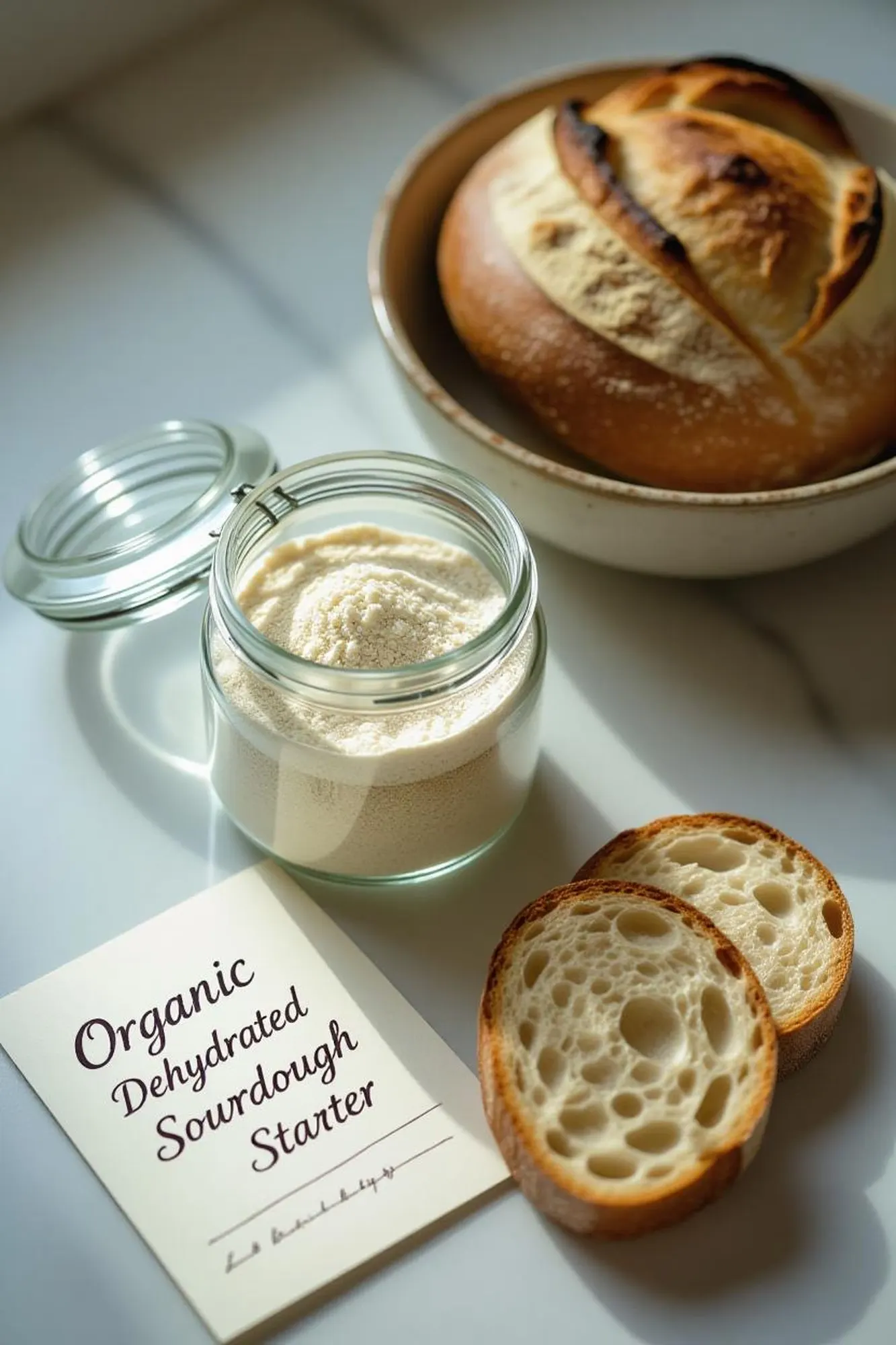 The sourdough starter jar, open, beside a fresh loaf