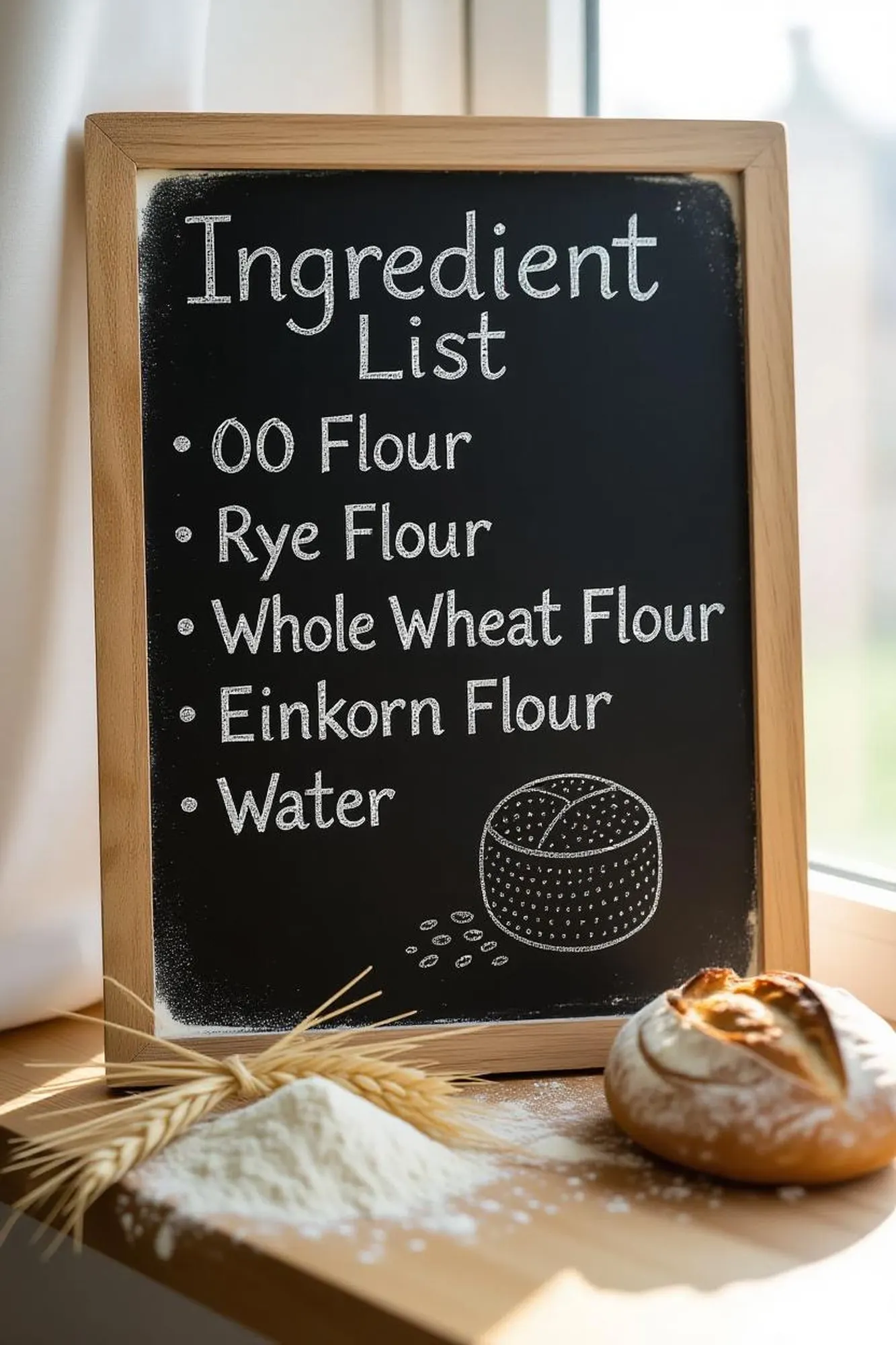 Flour, water and the jar of dried starter laid out on a counter
