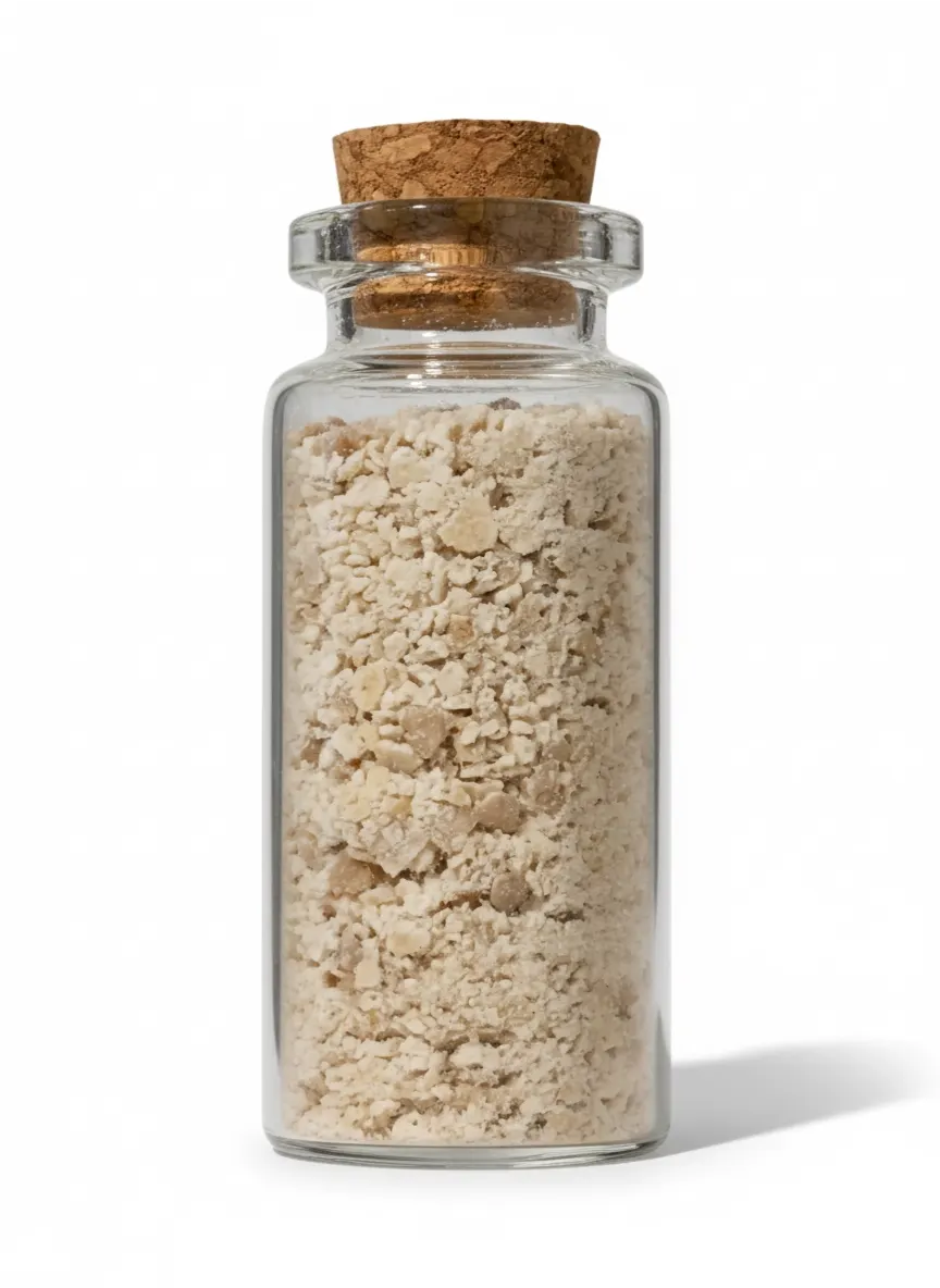 Zero Elements sourdough starter — dried culture flakes in a corked glass jar on white