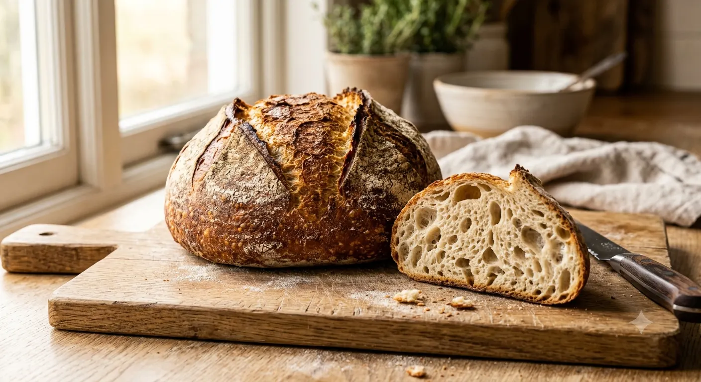 A finished sourdough loaf on a cutting board by the window