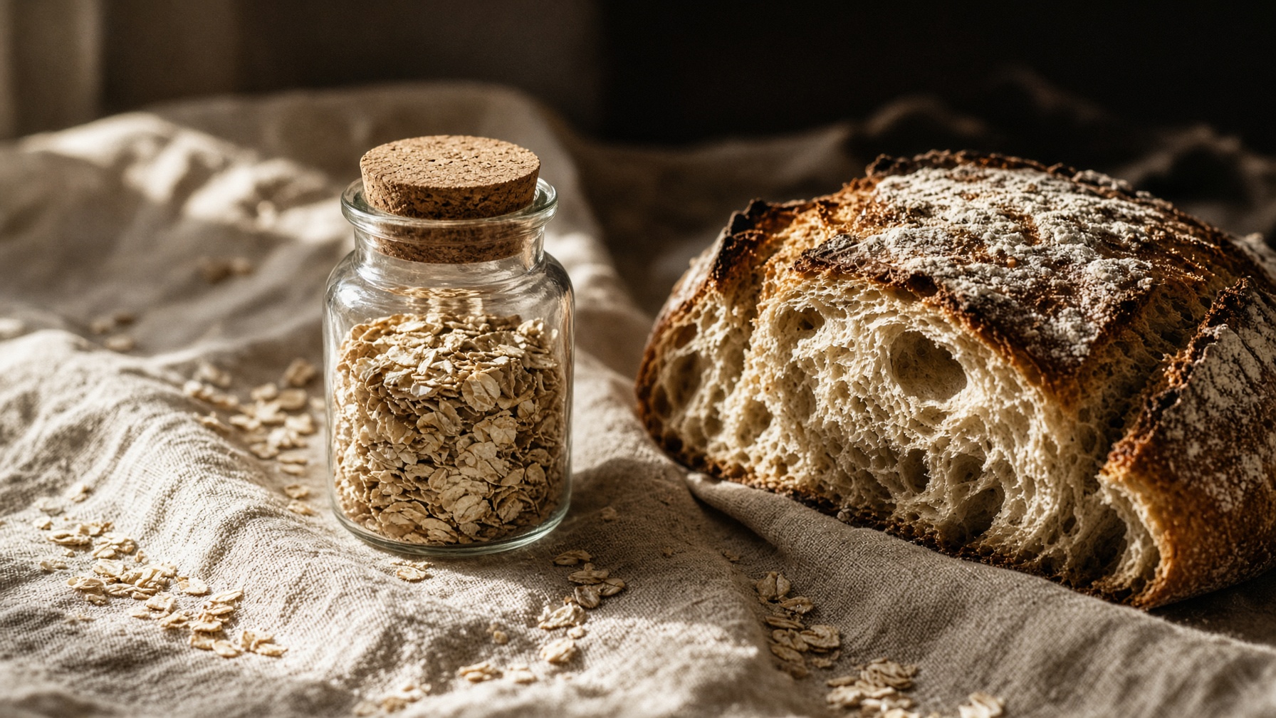 Corked sourdough starter jar beside a torn loaf on linen