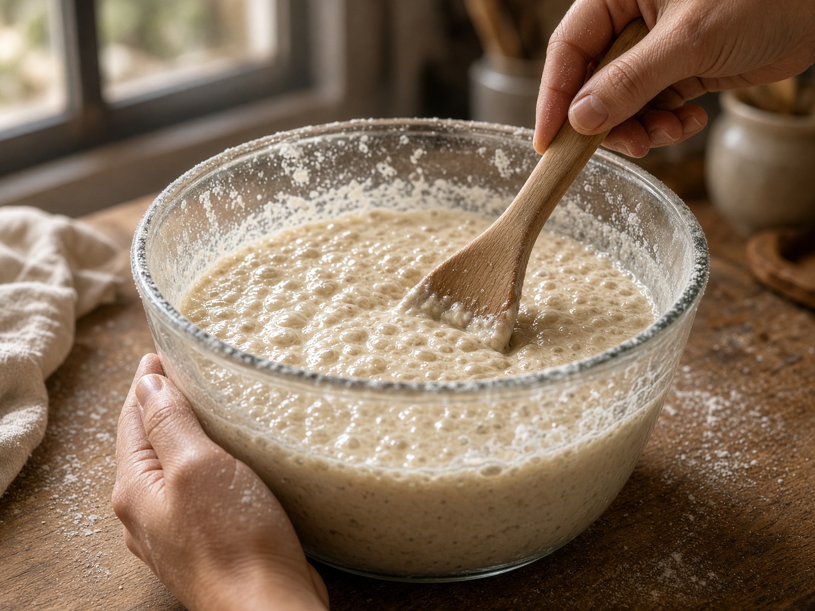 Feeding a living sourdough starter